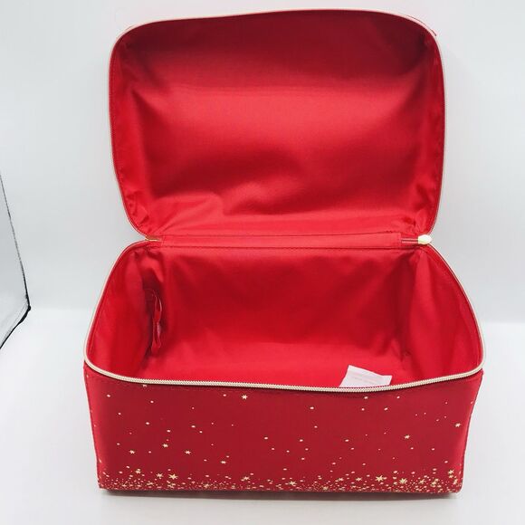 Estee Lauder Red w Gold Train Case Travel Bag Makeup Cosmetic Zipper with Handle - Picture 8 of 9